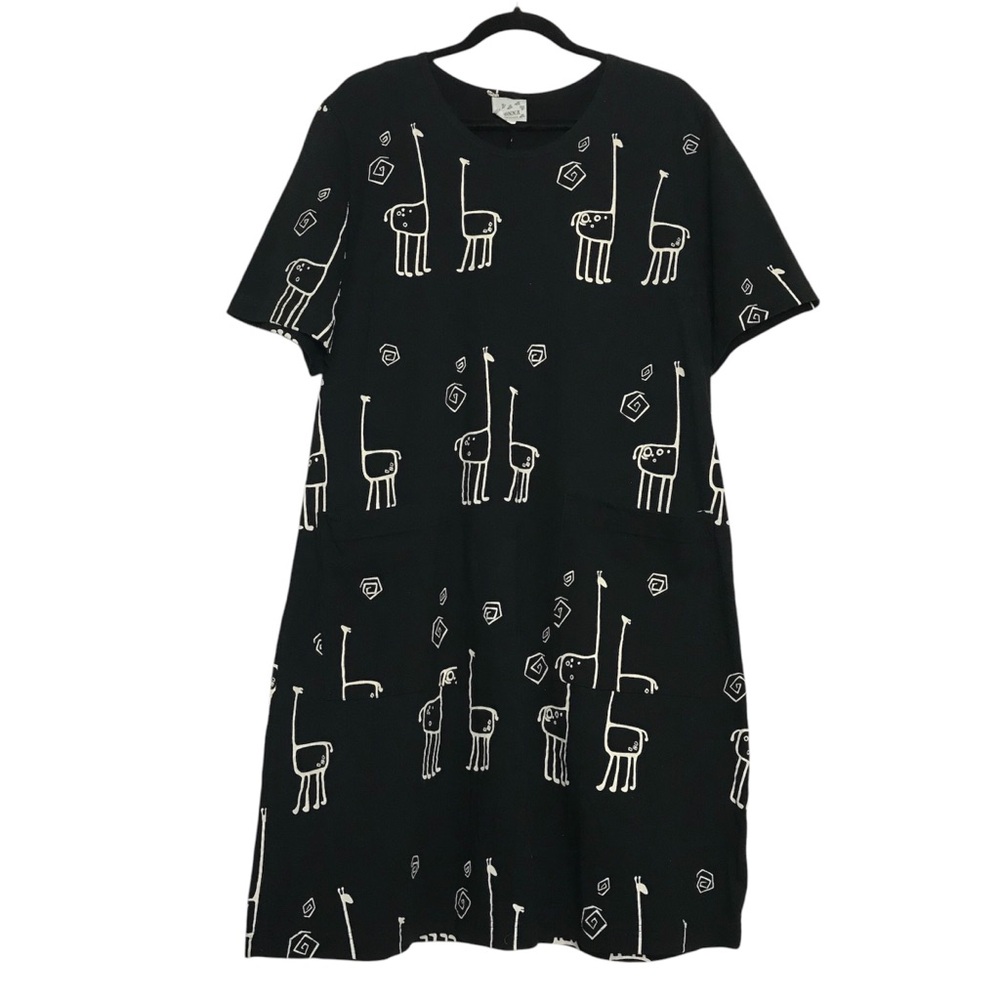 Black Short-Sleeve Mini Dress with White Giraffe Print